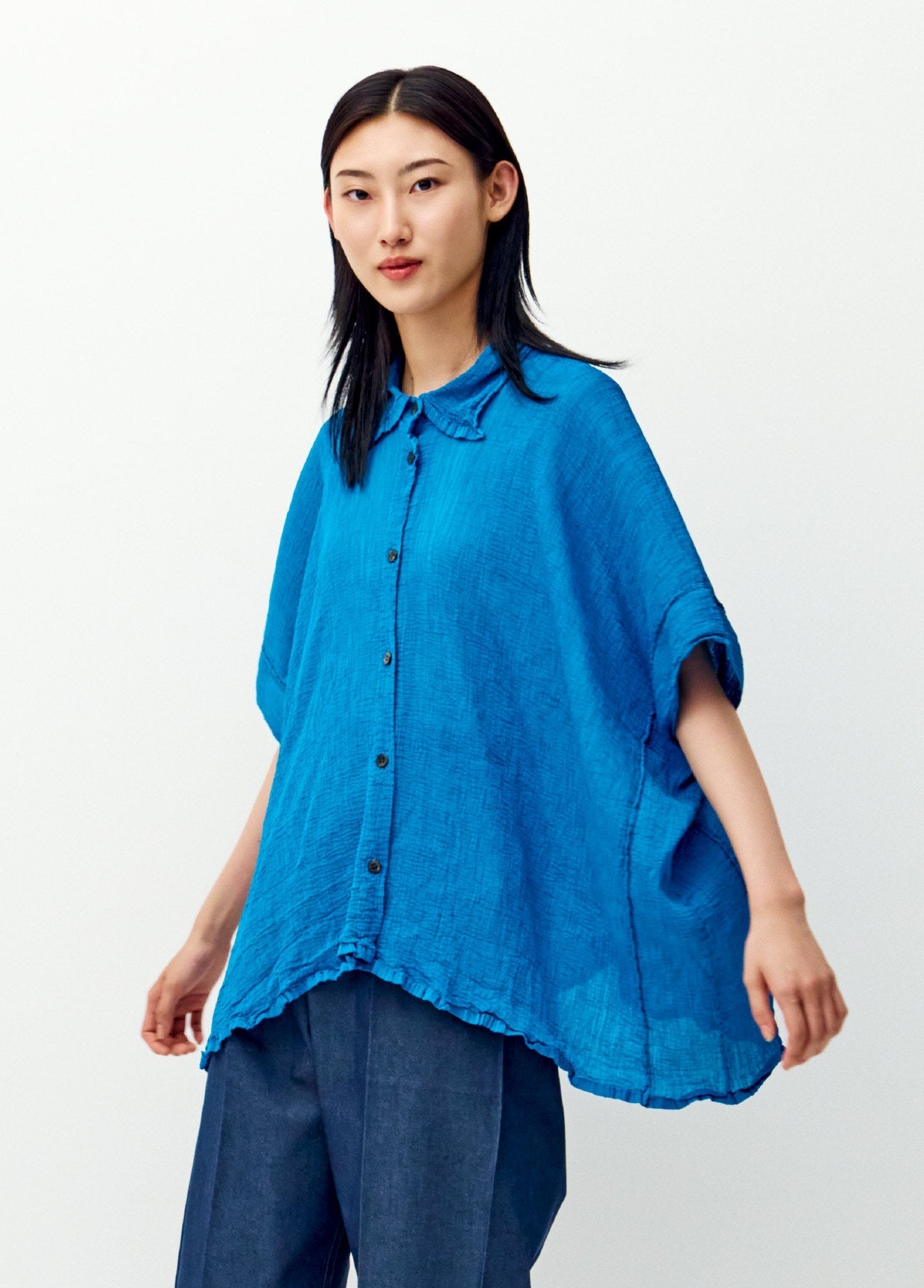 me ISSEY MIYAKE メッシュ シワ加工 半袖 チュニック 青紫